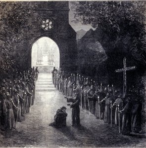 Scénografie k poslední scéně II. dějství k opeře „La forza del destino“ (Síla osudu) italského skladatele Giuseppe Verdiho (1813-1901) pro představení v Pařížské opeře od Unknown artist