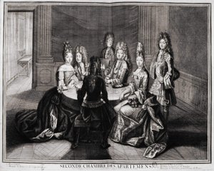 Druhý pokoj apartmánů (Versailles): 1. Monsignor, 2. Madame princezna z Conty vdova, 3. Monsieur le Duke de Bourbon, 4. Madame vévodkyně z Bourbonu, 5. Monsieur de Vandôme, velkopřevor Francie. Rytina Trouvain, počátek 18. století od Unknown artist