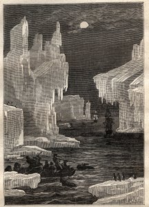 Druhá plavba (1772-1775) kapitána Jamese Cooka (1728-1779): ostrovy ledu (ledovce), přechody na cestě mysu obřízky (Bouvetův ostrov, Antarktida) - ilustrace převzata z „The Great Mariners of the 18. století"" od Unknown artist