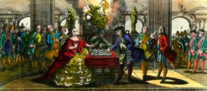 Sedmiletá válka: alegorie představující Marii Terezii Rakouskou (1717-1780) a Fridricha Pruského (1712-1786) hrajícího šachy. Rytina soukromé sbírky z 18. století od Unknown artist