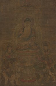 Triáda Šákjamuni: Buddha navštěvovaný Mandžušrí a Samantabhadrou od Unknown artist