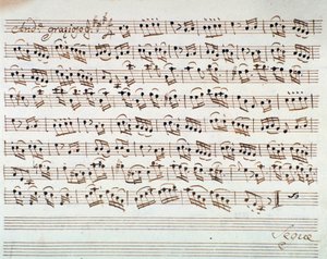 Notová stránka pro první housle v úvodu Mithridate, King of Pont, opera Mozart (1770) od Unknown artist