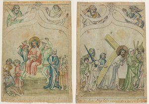 Jeden list z "Biblia Pauperum": Kristus korunovaný trny (recto) Kristus nesoucí kříž (verso) od Unknown artist