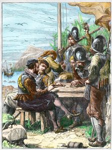 Sir Walter Raleigh na Trinidadu, získávání informací od španělských vojáků ohledně Guayany, 1595. - Expedice Waltera Raleigha od Unknown artist