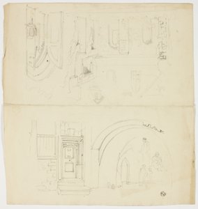 Náčrtky dveří, postav, budovy s bočním vchodem do kostela (recto); náčrt věže (verso) od Unknown artist