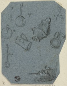 Náčrtky kuchyňského náčiní, ohnutá ruka (recto); historická scéna (verso) od Unknown artist