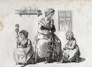 Předení: matka a její dcery předení vlnu. Žena používá kolovrat a její dcera orobinec. Koncová rytina 18. století. Soukromá sbírka. od Unknown artist