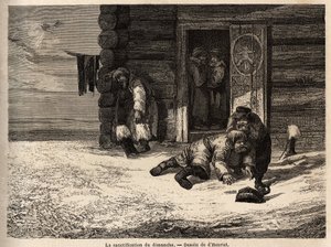 Nedělní posvícení má kmínový likér, dělníci Dorpatu. Kresba Henrieta pro ilustraci jeho cesty do ruských pobaltských provincií v letech 1851-54. Rytina v „“Le tour du monde““, editoval Edouard Charton od Unknown artist