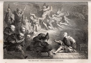 Tengu neboli démon snů, menší bůh japonského folklóru, zoomorf, má podobu havrana, obdařeného magickými silami, je v Japonsku oblíbeným tématem umění, divadla a literatury. Rytina k ilustraci plavby do Japonska v letech 1863-1864 od Aim od Unknown artist