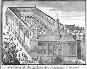 Amsterdamská burza, kde se shromažďují obchodníci. 18. století rytina. od Unknown artist