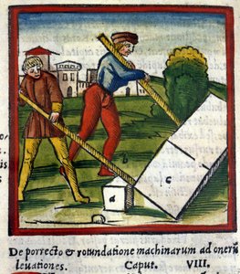 Archimedova páka (287 př. n. l. - 212 př. n. l.) na architektuře Vitruvy. 1630. Trivulziana, Milán. od Unknown artist