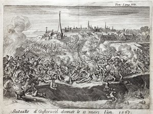 Bitva u Oosterweel (Nizozemsko, Nizozemsko), která se konala 13. března 1567, první konfrontace války osmdesáti (osmdesáti) let (1567-1648). Rytina k ilustraci „Historie války o Flandry“, od Flamianus Strada, vydání Joseph T