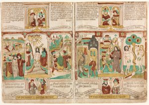 Bible chudých (Biblia Pauperum), Faraonova armáda se utopila v Rudém moři; Křest Kristův; a Mojžíšovi špióni vracející se s hrozny z Kanaánu Ezau prodává Jákobovi jeho prvorozenství; Pokušení Krista; a Pokušení Adama a Evy od Unknown artist