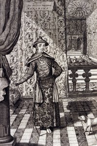 Čínský císař a nejvyšší vládce Tatarů - čínský císař Kangxi (1652-1722) dynastie Čching, rytina Athanasius Kircher (1601-1680) z „“ China Monumentis, qua sacris qua profanis“““ 1667 – čínský císař Kangxi (16522 -1722) dynastie Čching, od Unknown artist