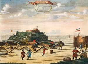 Holandská pevnost Nassau na ostrově Goree, Senegal, rytina. Afrika od Unknown artist