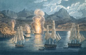 Angličané ničí francouzské lodě v zátoce Sagone na Korsice 30. dubna 1811 (kolorovaná akvatinta) od Unknown artist