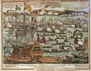 Velký námořní přehled. Velká přehlídka britského námořnictva se konala v Portsmouthu 24. a 25. června 1814 za přítomnosti prince regenta a jeho královských návštěvníků, asi 1814 (kolorovaný lept) od Unknown artist