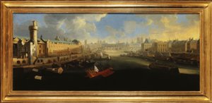Velká galerie Louvru s Porte Neuve, Pont-Neuf, Cité, rozestavěnou Collège des Quatres-Nations a Quai Malaquais, asi 1665, mezi lety 1665 a 1670 (olej na plátně) od Unknown artist