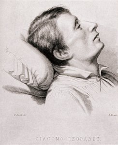 Italský básník Giacomo Leopardi (1798-1837) na smrtelné posteli. Rytina 19. století od Unknown artist