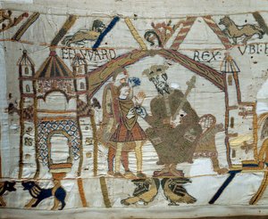 Anglický král Edward Vyznavač instruuje Harolda, aby šel a potvrdil vévodovi z Normandie Williamu Dobyvateli (1027-1087), že bude jeho nástupcem na anglický trůn Detail tapiserie z Bayeux nebo výšivky královny Mathildy od Unknown artist