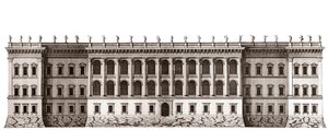 Louvre v Paříži, projekt Giana Lorenza Berniniho: pohled na hlavní průčelí směřující k Tuileries - Z „”Architecture francoise”” od Jacquese-Francoise Blondela - Pohled na hlavní průčelí cote jardin de Tuileries - projekt Bernin - rytina Je od Unknown artist