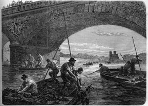 Pařížská komuna v roce 1871. Lov zbraní vhozených do Seiny pod slavkovským mostem Federes (komunardi) v době závěrečné debaty komuny. od Unknown artist
