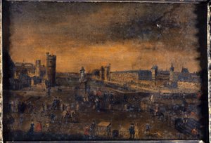 Pont-Neuf, pohled od vchodu na náměstí Dauphine, Hôtel de Nevers, Tour de Nesle, Velká galerie s Porte Neuve a Louvre, kolem roku 1640, dnešní 1. a 6. obvod, mezi lety 1635 a 1645 (olej na plátně) od Unknown artist