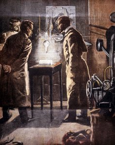 Rentgen (Rontgen) nebo rentgenové záření. Objeven v roce 1895. Ilustrace představující experiment. od Unknown artist