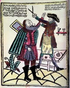 Ruský car Petr I. Veliký (1672-1725) vyhlásil v roce 1722 reformu, která vyžadovala stříhání vousů. Rytina Paříže 18. století, B.N. od Unknown artist
