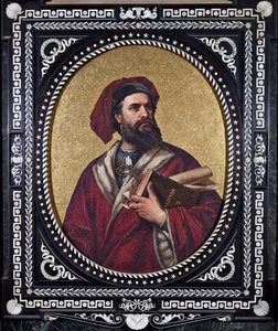 Benátský průzkumník Marco Polo drží pod paží dílo „Kniha divů“ a sleduje jeho cesty od Unknown artist