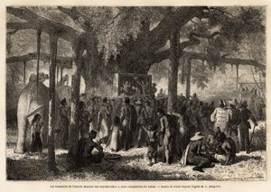 Annamiti Garnierova doprovodu improvizovaně zastupují své krajany v Lakonu (Laos), poté, co na úpatí baniana s obrovským kmenem postavili malé loutkové divadlo. Rytina znázorňující průzkumnou cestu v Indočíně, od Unknown artist