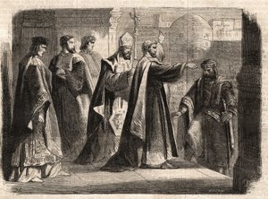 Arcibiskup svatý Ambrož z Milána (Aurelius Ambrosius, Ambrogio di Milano (340-397) zakázal vstup do kostela římskému císaři Theodosiovi I. (Flavius Theodosius) (347-395), aby ho potrestal za masakr v Soluni v roce 390 - Excommunicati od Unknown artist