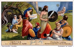 Narození Jupitera, Rhea jej tajně ukrývá a dává Titánu Saturnovi kámen zabalený do plátna - Liebigova chromolitografie od Unknown artist