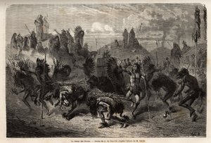 Bizoní tanec předváděný válečníky v indiánech Mandans (neboli noumah ka kie: bažanti) na levém břehu Missouri. Rytina pro ilustraci exkurze mezi indiánskými kmeny povodí Kolumbie a Horní Missouri, od G. Catlina, v roce 1855, s. od Unknown artist