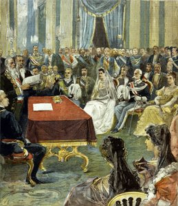Civilní sňatek neapolského prince - který se stal Victorem Emmanuelem III. (Victor Emmanuel) (Vittorio Emanuele) - s princeznou Helenou Černohorskou v Quirinalském paláci v roce 1896. V centru můžete vidět Humberta I. (Umberto) na levé straně nevěsta. od Unknown artist
