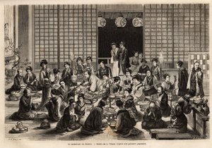 Jídelna jokohamského divadla je trvale zaplněna i během představení. Rytina k ilustraci cesty do Japonska od Aime Humberta, ministra Švýcarské konfederace, v letech 1863-1864, publikovaná v „“ le tour du monde““, pod dire od Unknown artist