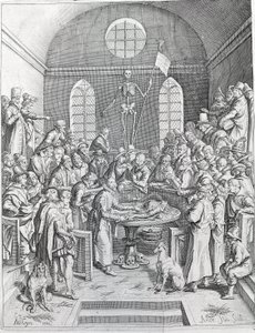 Pitva Skupina lékařů a vědců se znovu sešla, aby sledovala pitvu v amfiteátru. Rytina z roku 1788 od Unknown artist