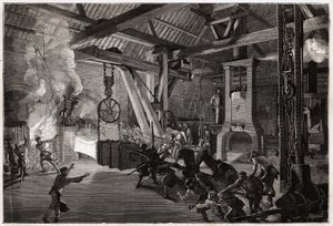 Bubeník kladivo (bubeník) má kovárnu velkých děl; obrovský kus k vykování vychází z pece a muži manévrují, aby ho dostali pod paličku. Rytina pro ilustraci plavby na Creusot a doly Saone a Loire, v roce 1865, L. S. od Unknown artist