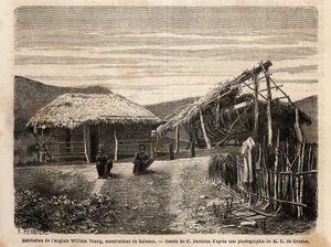 Obydlí a loděnice anglického stavitele poblíž Noumea, který využívá domorodé pracovní síly nebo je odsuzuje až do konce jejich času tvrdé práce. Gravure pour illustrrer le voyage à la Nouvelle Caledonie, Jules Garnier, stavební inženýr dolů, v 18. od Unknown artist