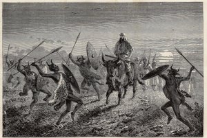 Eskort přidělený cestovateli Bakerovi před odjezdem k jezeru Albert (nebo Albert Nyanza) předvádí fantazii. Engravure pour illustration le voyage au lac Albert, en 1861-1864, od Sir Samuel White Baker, v „Le tour du monde, nouveau journal des voyag od Unknown artist