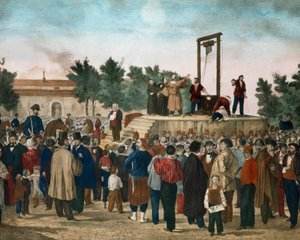Poprava Felice Orsiniho (1819 - 1858) a Pieriho dne 13. 3. 1858, kteří provedli útok 14. ledna 1858 proti Napoleonovi III. na Place de la Roquette v Paříži Litografie konce 19. století. Milánská soukromá sbírka od Unknown artist