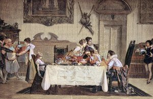 Prvorozený mužský potomek, porodní asistentka, ukazuje novorozeného syna ostatním členům rodiny od Unknown artist