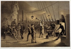 Kovárna na palubě. Noc 9. srpna příprava ifonového pokovení pro naviják – v „The Atlantic telegraph“ od W. H. Russela, ca. 1860 od Unknown artist