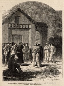 Inspekce rekrutů na prahu kostela Marcapata (Peru) farářem vesnice, kteří ověřují zdravotní stav a sílu samolibých indiánů, aby vytvořili tým autorových nositelů. Rytina pour illustrrer le voyag od Unknown artist