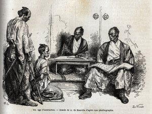 Vyšetřující soudce při plnění svých povinností, klečící před ním, ho obviní ze samuraje. Rytina k ilustraci plavby do Japonska v letech 1863-1864 od Aime Humberta, ministra Švýcarské konfederace, v „Le tour du monde, nouveau jo od Unknown artist