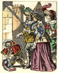 Král, princezna a markýz z Carabasu dorazí do hradu zlobra před kočičí botou. Ilustrace příběhu „The cat botte“ od Charlese Perraulta od Unknown artist