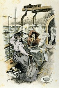 Život cestujících na palubě: mladá žena trpí mořskou nemocí. od Unknown artist