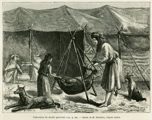 Výroba mléka ženami pastevců z oblasti Karoun. Rytina k ilustraci příběhu La Perse, la Chaldee et la Susiane od Jane Delafoy (1851-1916), důstojnice akademie, v le tour du monde 1886, režie Edouard Charton (1807-1890), Ha od Unknown artist