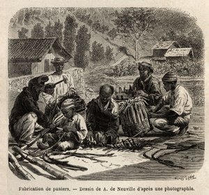 Výroba košíčků z palmových listů pro sběr kávy. Rytina k ilustraci plavby do Brazílie, příběh M. a Mme Agassizových, v letech 1865-1866, publikovaná v „Le tour du monde, nouveau journal des voyages“, pod vedením Edouarda Charta od Unknown artist