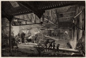 Výroba kolejnic ve starých kovárnách Le Creusot, ocelové pásy, bílé žárem, se rozprostírají v kolejnicích mezi válcovnami. Rytina pro ilustraci plavby na Creusot a doly Saone a Loire v roce 1865 od L. Simonina v „“ Le tou od Unknown artist